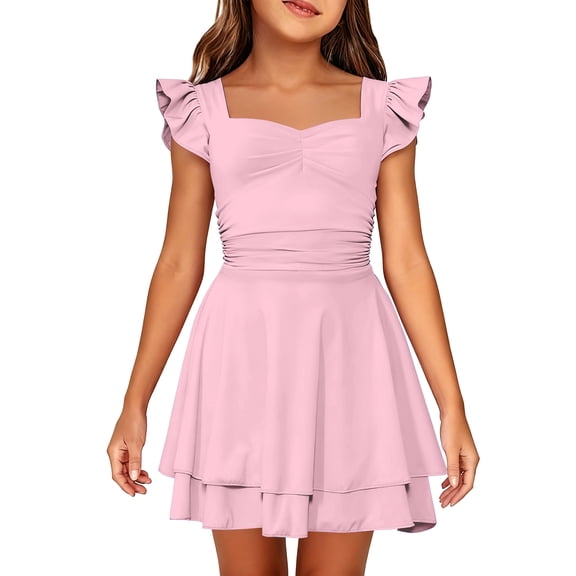 Lanbubble Girls Ruched Dresses Ruffle Sleeve Teens Tiered Swing A-line Pink Dress 11-12 Years