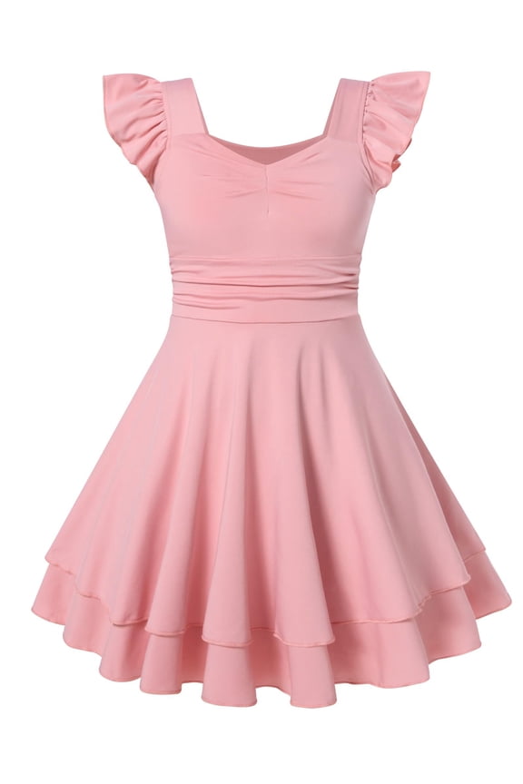 Girls Ruched Dresses Ruffle Sleeve Teens Tiered Swing A-line Pink Dress 7-8 Years