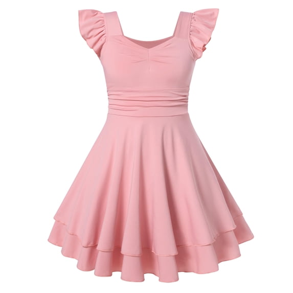 Lanbubble Girls Ruched Dresses Ruffle Sleeve Teens Tiered Swing A-line Pink Dress 7-8 Years