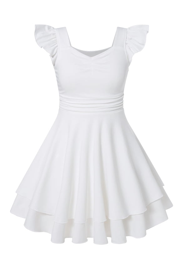 Girls Ruched Dresses Ruffle Sleeve Teens Tiered Swing A-line White Dress 11-12 Years