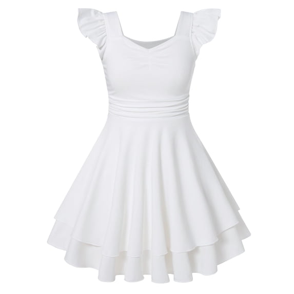 Lanbubble Girls Ruched Dresses Ruffle Sleeve Teens Tiered Swing A-line White Dress 7-8 Years