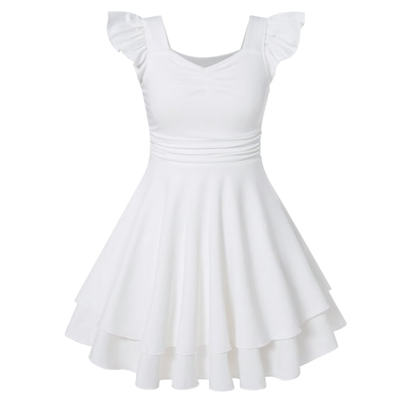 Lanbubble Girls Ruched Dresses Ruffle Sleeve Teens Tiered Swing A-line White Dress 7-8 Years