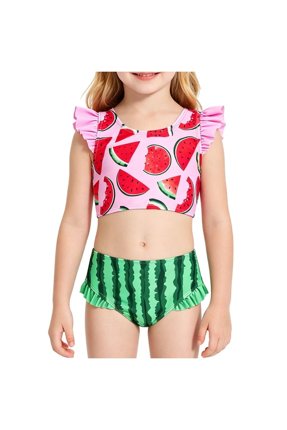Girls Ruffle Tankini Swimsuit High Waisted 2 Piece Bathing Suit Beach Swimwear For Toddler Kids 3-7 Years