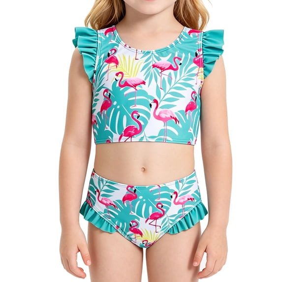 Lanbubble Girls Ruffle Tankini Swimsuit High Waisted 2 Piece Bathing Suit Beach Swimwear For Toddler Kids 3-7 Years