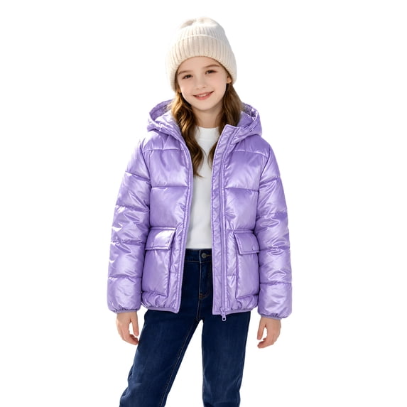 Lanbubble Girls Shiny Puffer Jacket Hooded Winter Coat Warm Outerwear for Kids 7-14Y