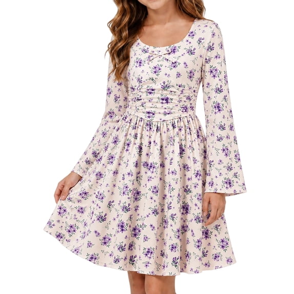 Lanbubble Girls Long Sleeve Dress Square Neck Bell Sleeve A-Line 9-10Y