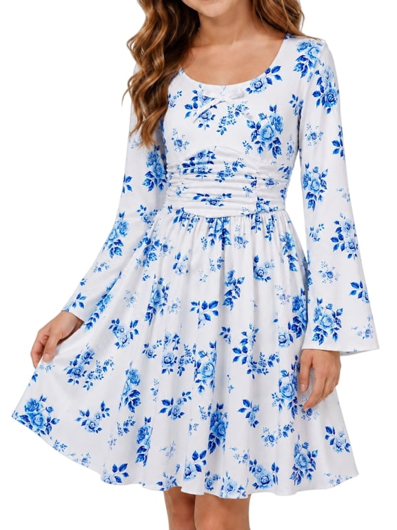 Girls Long Sleeve Dress Square Neck Bell Sleeve A-Line 9-10Y