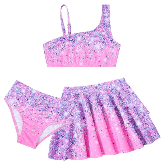 Lanbubble Girls 3 Piece Swimsuit Tankini Set Bathing Suit Bikini Beach Swimear with Skirt 7-8 Years