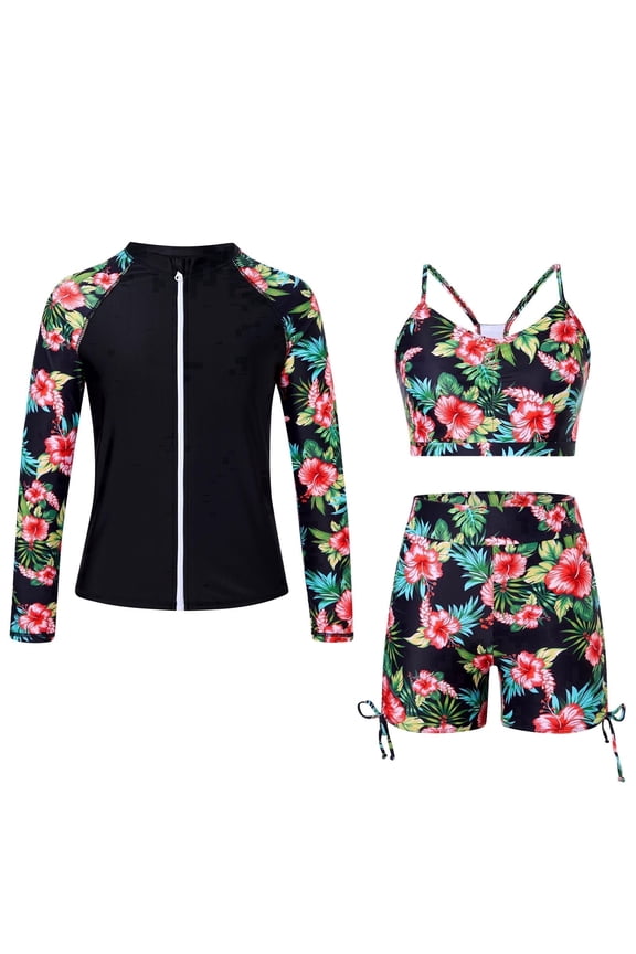 Girls Swimsuit 3-Piece Zip Long Sleeve Rash Guard Bathing Suits Bikini Boyshort Set Summer Swimwear 7-8 Years