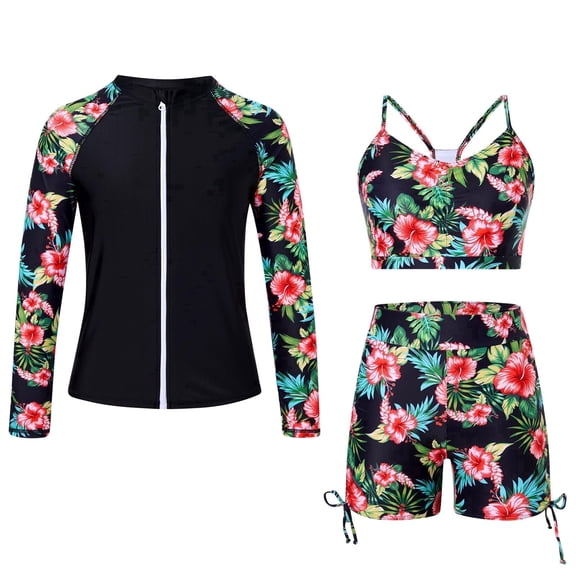 Lanbubble Girls Swimsuit 3-Piece Zip Long Sleeve Rash Guard Bathing Suits Bikini Boyshort Set Summer Swimwear 7-8 Years