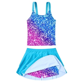 Lanbubble Girls Tankini Swimsuit Two Piece Bathing Suits Summer Beach Swimwear with Skirt Shorts Gradient Sequins 7-12Y