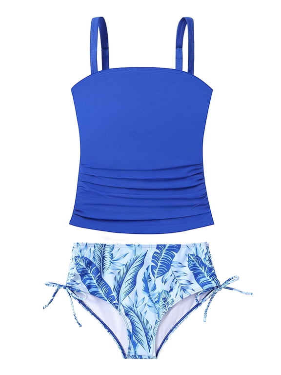 Girls Tankini Swimsuits for Teens 2 Piece Padded Bathing Suit Drawstring Swimwear Set 9-16Y