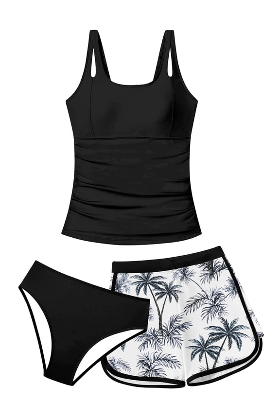 Girls Tankini Swimsuits for Teens 3 Piece Padded Bathing Suit with Print Shorts Square Collar Girls' Swimwear Set 11-16Y