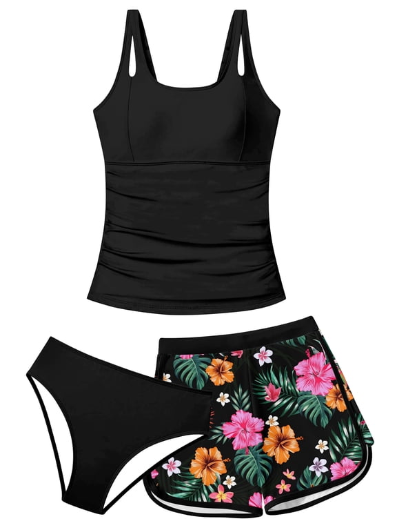 Girls Tankini Swimsuits for Teens 3 Piece Padded Bathing Suit with Print Shorts Square Collar Girls' Swimwear Set 11-16Y