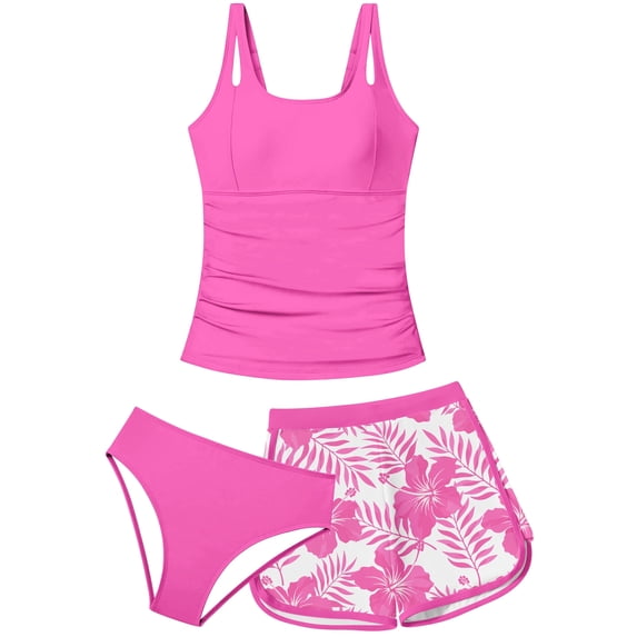 Lanbubble Girls Tankini Swimsuits for Teens 3 Piece Padded Bathing Suit with Print Shorts Square Collar Girls' Swimwear Set 11-16Y