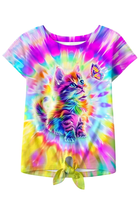 Girls Graphic T-Shirt Tie Dye Kids Short Sleeve Tee Shirt Tie Front Tops 7-12 Years