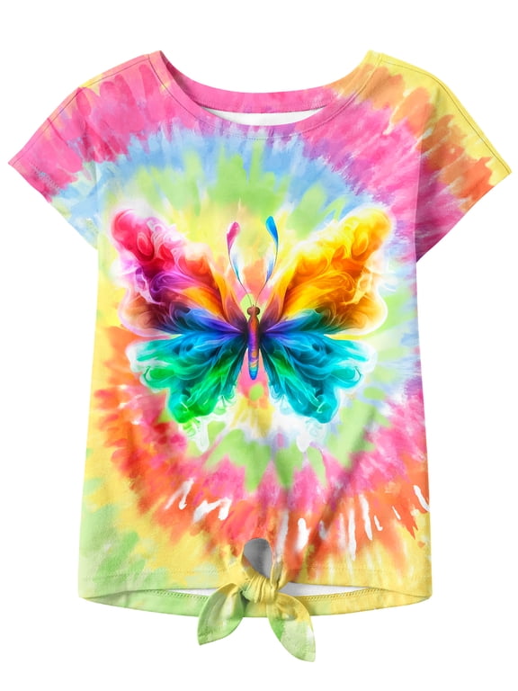 Girls Graphic T-Shirt Tie Dye Kids Short Sleeve Tee Shirt Tie Front Tops 7-12 Years