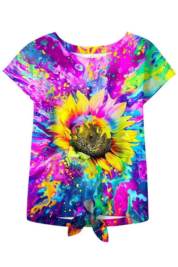 Girls Graphic T-Shirt Tie Dye Kids Short Sleeve Tee Shirt Tie Front Tops 7-12 Years