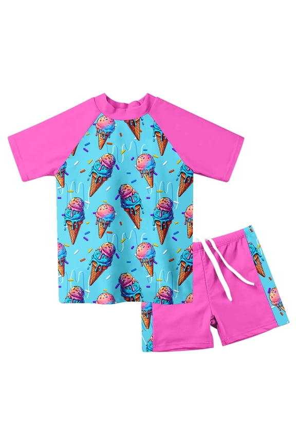 Girls Two Piece Swimsuit Short Sleeve Rash Guard Set Bathing Suit Kids Beach Swimwear For Toddler Girls 3-7Y