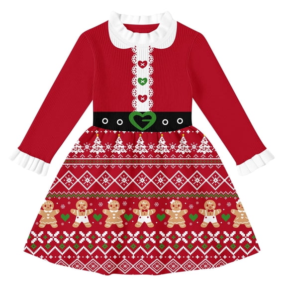 Lanbubble Girls Ugly Christmas Sweater Dress Long Sleeve Knit Ruffle-Trim A-Line Holiday Outfit for Kids 2-9 Years