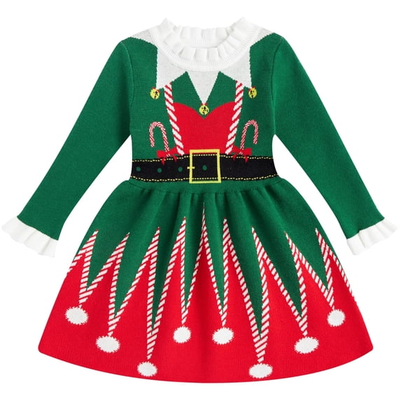 Lanbubble Girls Ugly Christmas Sweater Dress Long Sleeve Knit Ruffle-Trim A-Line Holiday Outfit for Kids 2-9 Years