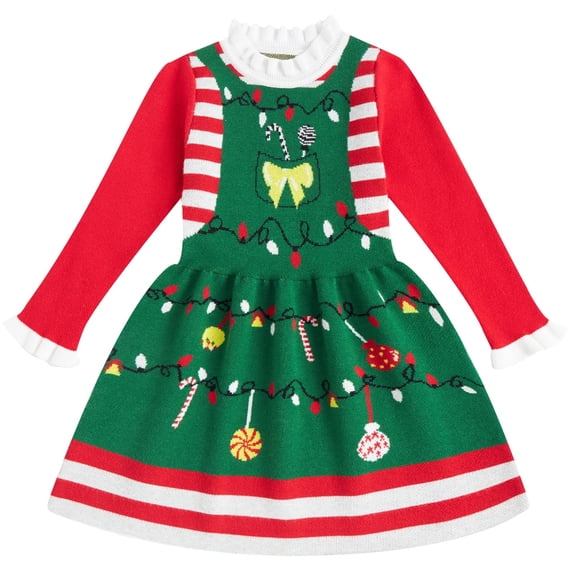 Lanbubble Girls Ugly Christmas Sweater Dress Long Sleeve Knit Ruffle-Trim A-Line Holiday Outfit for Kids 2-9 Years