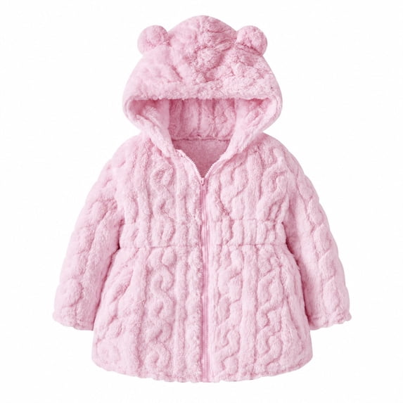 Lanbubble Girls Winter Coat - Plush Cable Jacquard Hooded Jacket with Bear Ears for 3-6Y