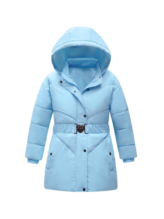 Girls Winter Coat Quilted Puffer Jacket with Detachable Hood Heart Buckle Waist Belt for 7-14 Years