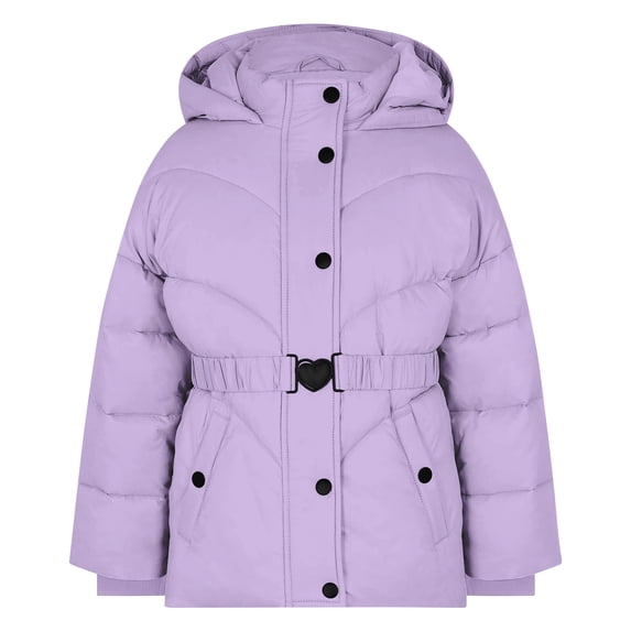 Lanbubble Girls Winter Coat Quilted Puffer Jacket with Detachable Hood Heart Buckle Waist Belt for 7-14 Years