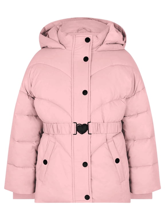 Girls Winter Coat Quilted Puffer Jacket with Detachable Hood Heart Buckle Waist Belt for 7-14 Years