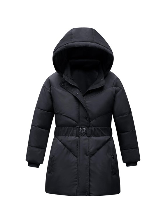 Girls Winter Coat Quilted Puffer Jacket with Detachable Hood Heart Buckle Waist Belt for 7-14 Years