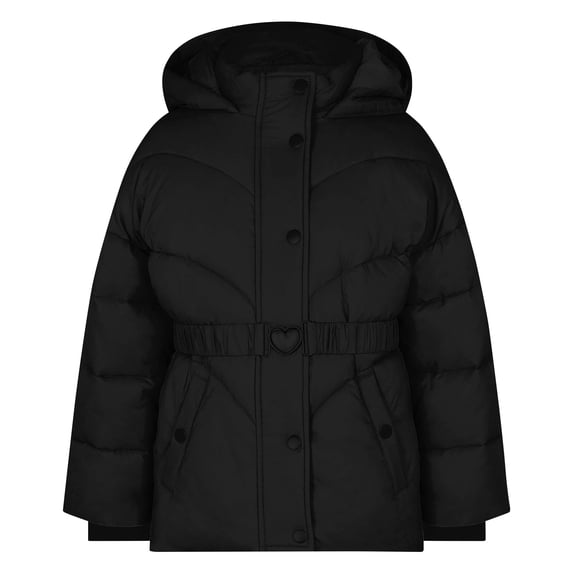Lanbubble Girls Winter Coat Quilted Puffer Jacket with Detachable Hood Heart Buckle Waist Belt for 7-14 Years