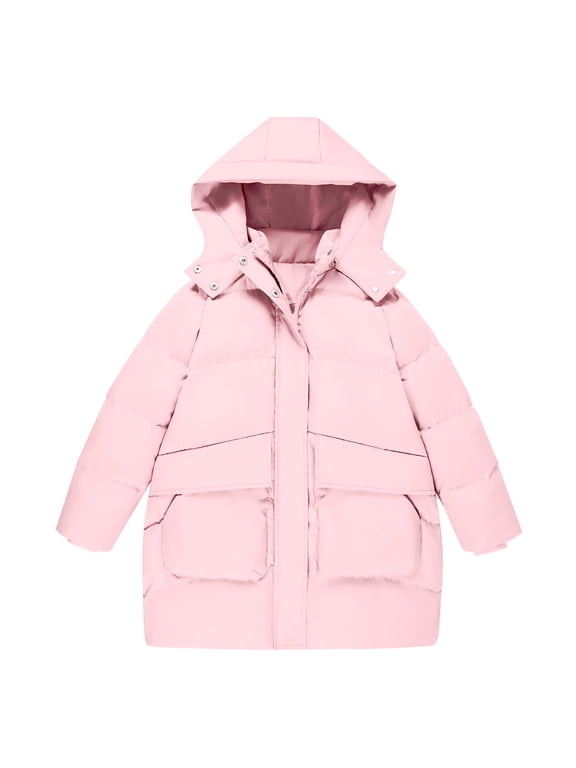 Girls Winter Coat Hooded Puffer Jacket Mid-Lenght Outerwear with Large Pockets 7-14Y