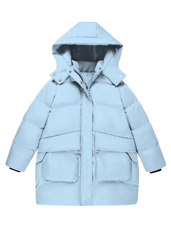 Girls Winter Coat Hooded Puffer Jacket Mid-Lenght Outerwear with Large Pockets 7-14Y
