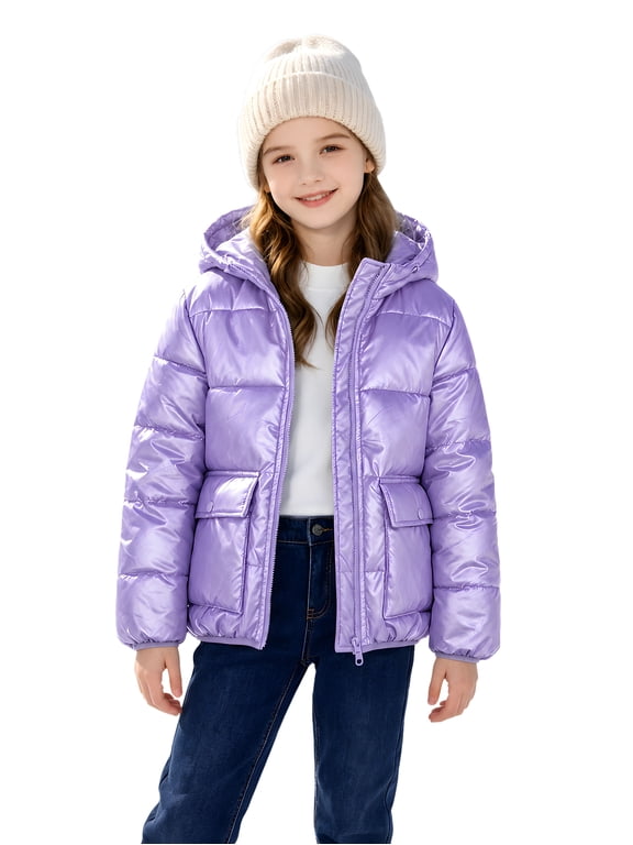 Girls Shiny Puffer Jacket Hooded Winter Coat Warm Outerwear for Kids 7-14Y