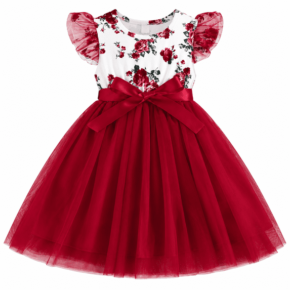 Lanbubble Girls Floral Tulle Dress Flutter Sleeve Tutu Princess Party Dress 3-7 Years