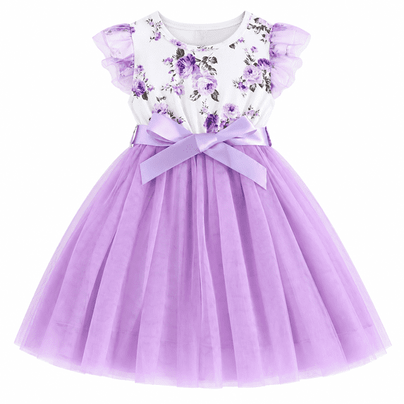 Lanbubble Girls Floral Tulle Dress Flutter Sleeve Tutu Princess Party Dress 3-7 Years