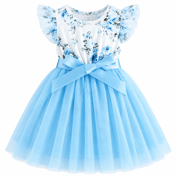 Lanbubble Girls Floral Tulle Dress Flutter Sleeve Tutu Princess Party Dress 3-7 Years