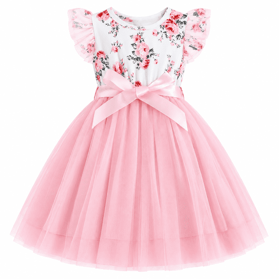 Lanbubble Girls Floral Tulle Dress Flutter Sleeve Tutu Princess Party Dress 3-7 Years