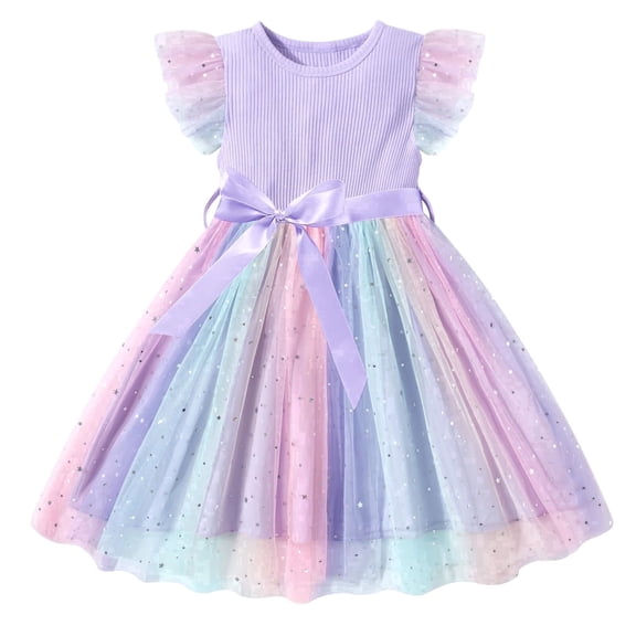 Lanbubble Toddler Baby Girls Rainbow Tutu Dresses Tulle Dress Party Princess Sequins Sundress Ruffle Sleeveless Light Purple 5-6Years