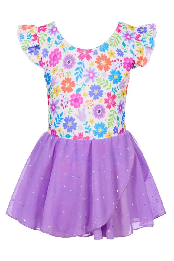 Girls Ballet Leotards Ruffle Sleeve Toddler Ballerina Dance Dress with Shiny Tutu Skirt 3-7 Years