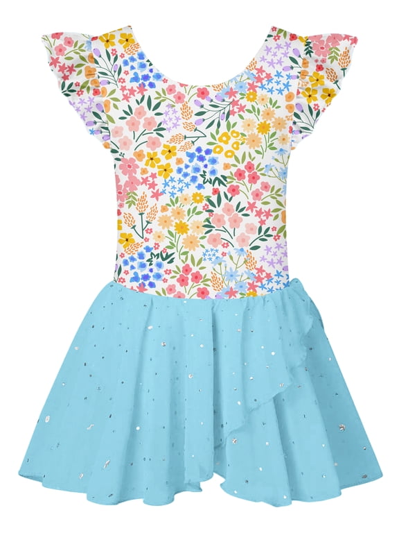 Girls Ballet Leotards Ruffle Sleeve Toddler Ballerina Dance Dress with Shiny Tutu Skirt 3-7 Years