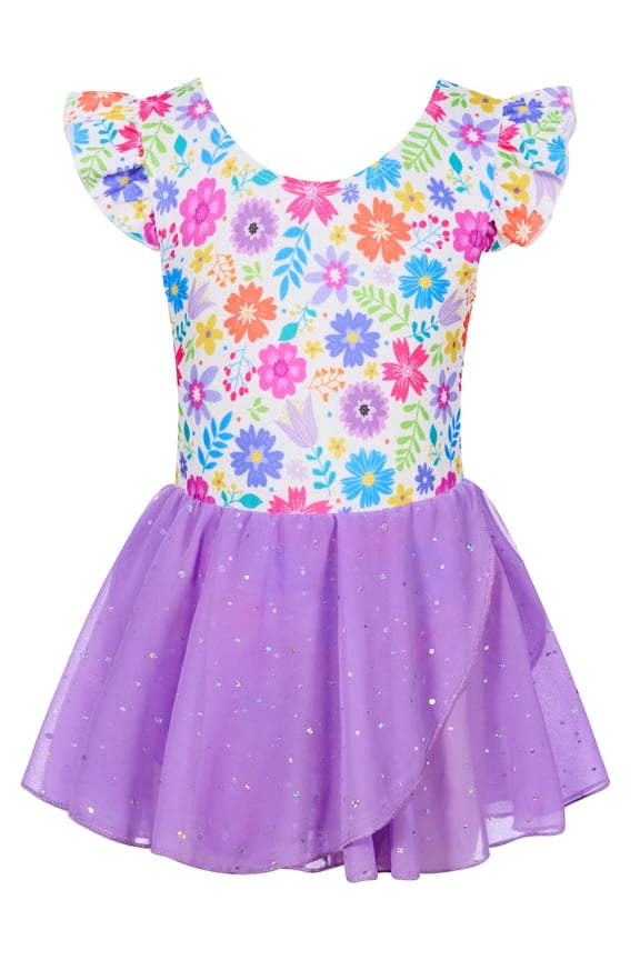 Toddler Ballet Leotards For Girls Dance Leotards With Shiny Tutu Skirt Ruffle Sleeve 3-7 Years
