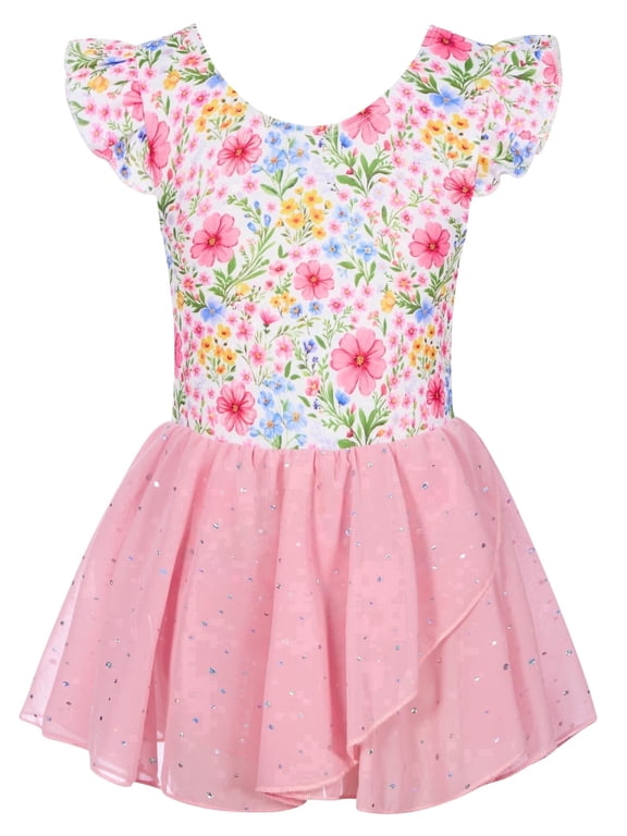 Girls Ballet Leotards Ruffle Sleeve Toddler Ballerina Dance Dress with Shiny Tutu Skirt 3-7 Years