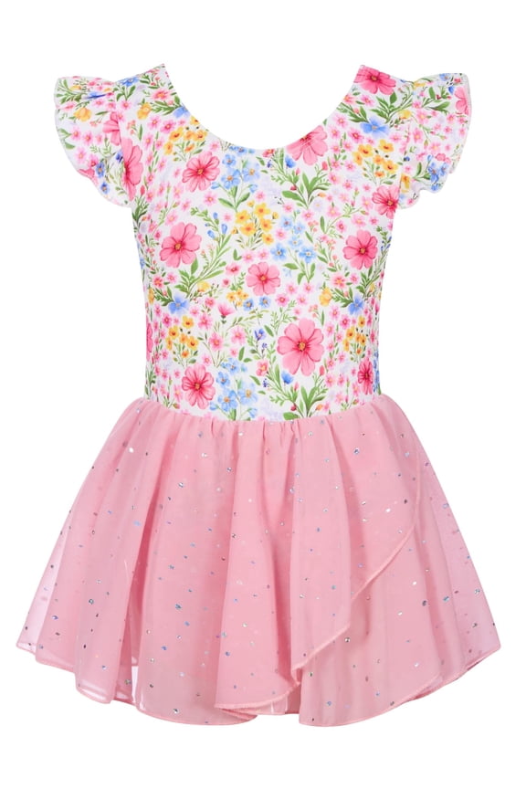 Toddler Ballet Leotards For Girls Dance Leotards With Shiny Tutu Skirt Ruffle Sleeve 3-7 Years