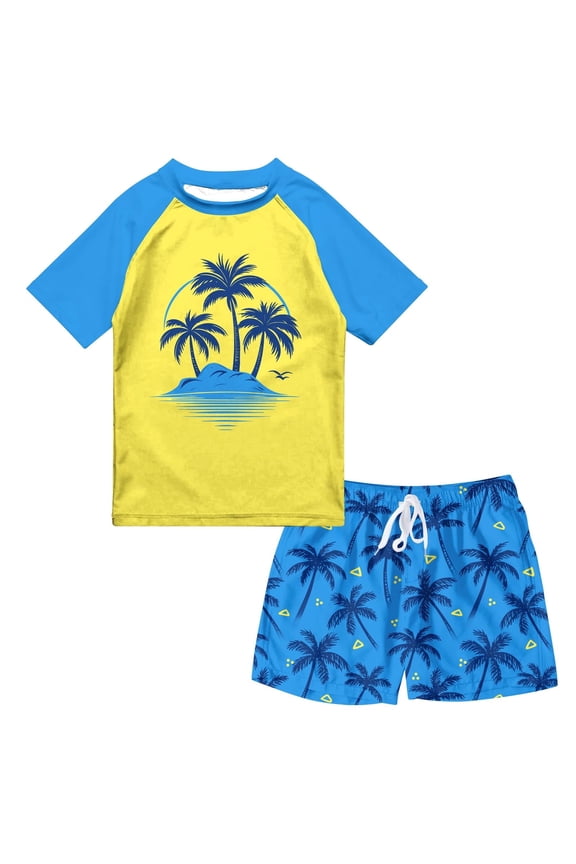 Toddler Boys Swimsuits Set Rash Guard Two Piece Short Sleeve Bathing Suit with Trunks 4-10 Years