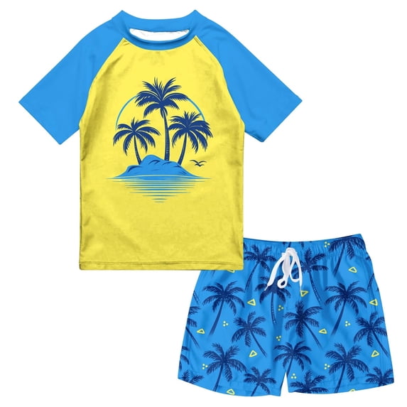 Lanbubble Toddler Boys Swimsuits Set Rash Guard Two Piece Short Sleeve Bathing Suit with Trunks 4-10 Years