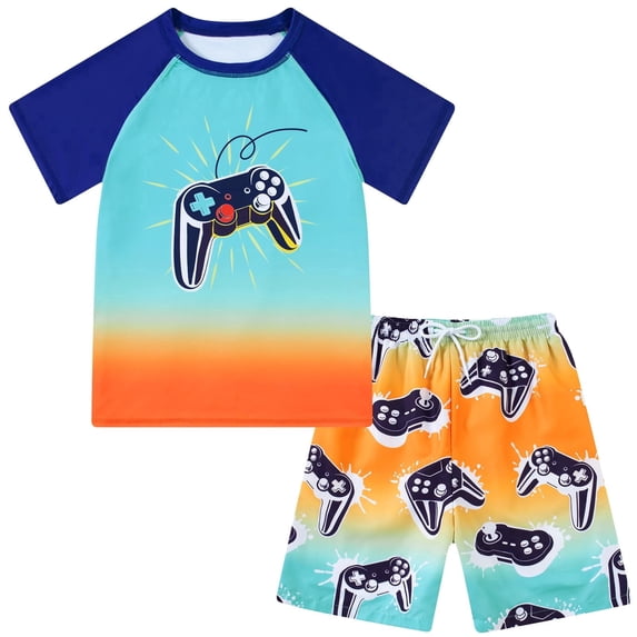 Lanbubble Toddler Boys Swimsuits Set Rash Guard Two Piece Short Sleeve Bathing Suit with Trunks 4-10 Years