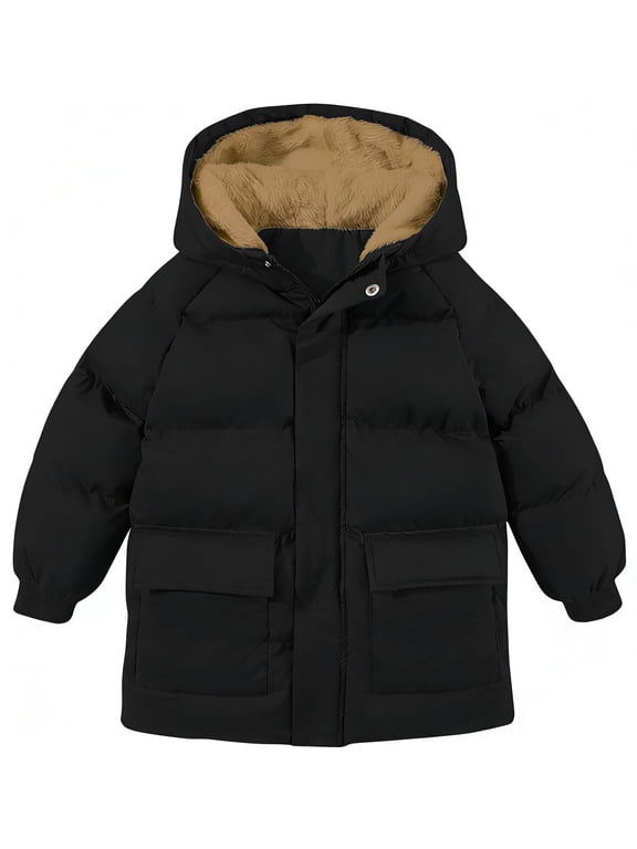 Toddler Boys Winter Coat Warm Hooded Puffer Jacket with Zipper and Flap Pockets Sizes 2T-6T