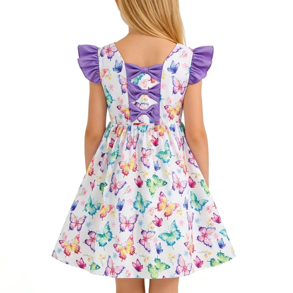Lanbubble Toddler Girl Dresses Back Bowknot Butterfly Ruffled Sleeve Dress Casual Sundress 5-6 Years
